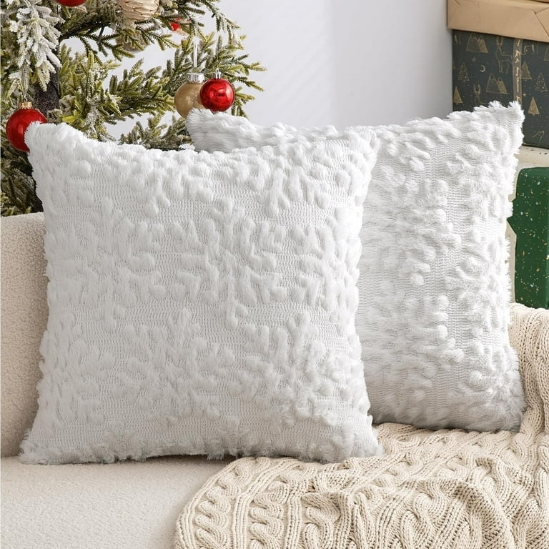 White Plush Throw Pillow Covers Embossed Snowflake Design Cozy Decor