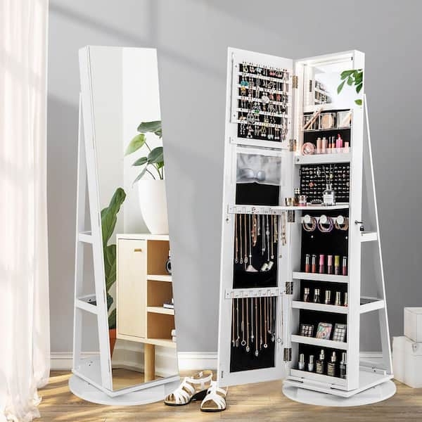 White Rotating Jewelry Armoire with Full Length Mirror and Rear Shelves