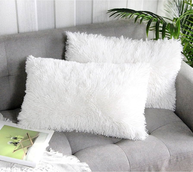 White Shaggy Faux Fur Pillow Cover, Hidden Zipper Detail