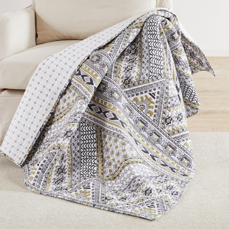 White Striped Quilted Throw Blanket with Tasseled Fringe, Coastal Style