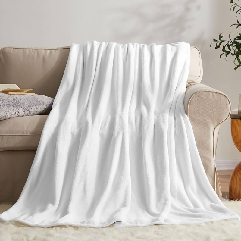 White Throw Blanket Ribbed Pattern Plush Microfiber Minimalist Decor