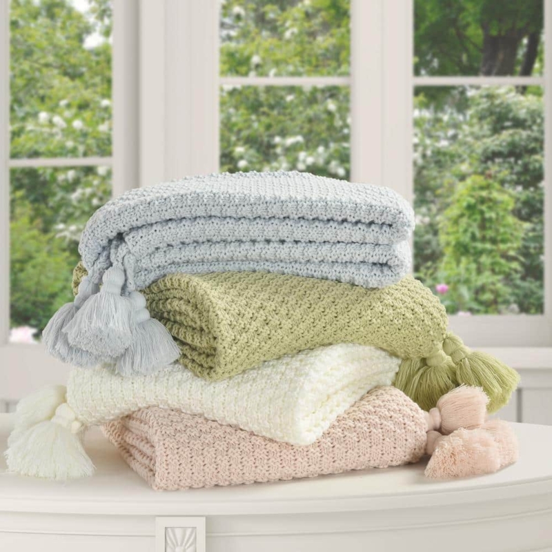 White Waffle Knit Throw Blanket with Tasseled Fringe