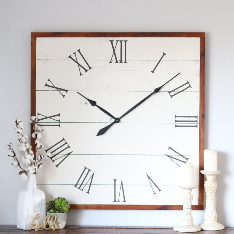 Whitewashed Wood Wall Clock with Large Square Farmhouse Frame