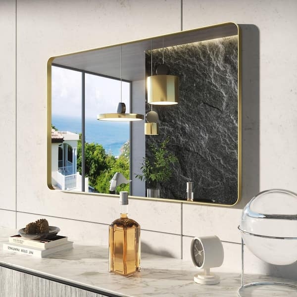 Wide Horizontal Bathroom Mirror with Rounded Gold Frame