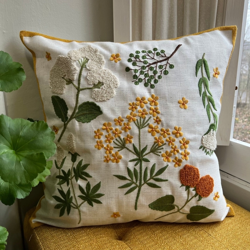Wildflower Embroidered Throw Pillow, Cream Linen-Like, Piped Edges, Boho