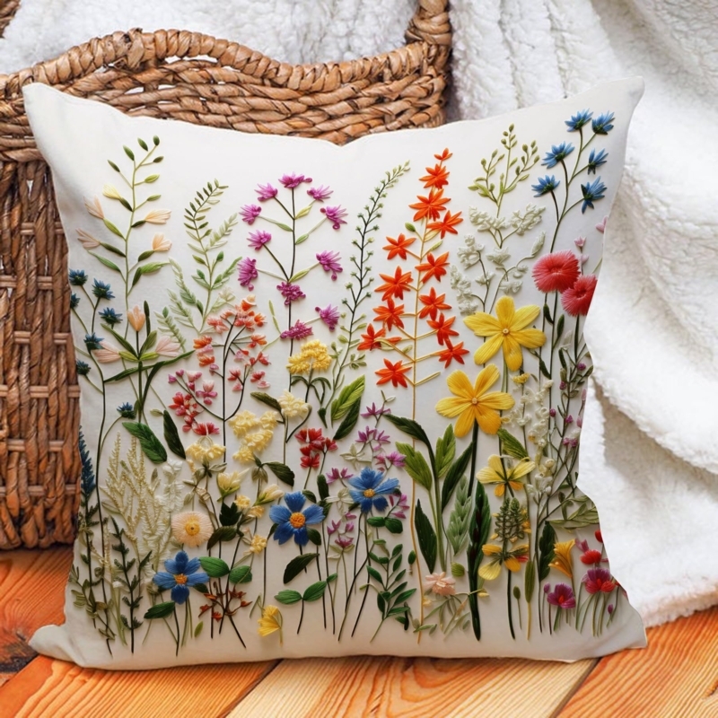 Wildflower Faux Embroidery Throw Pillow, Cream Linen-Like, Cottagecore Decor