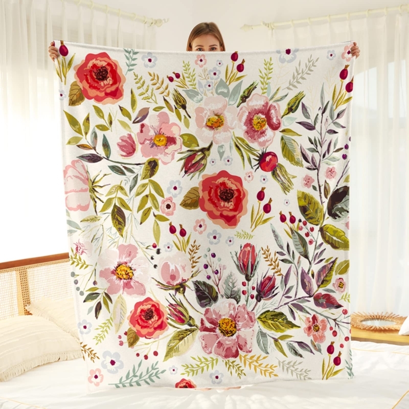 Wildflower Print Throw Blanket, White Plush Cottagecore Style