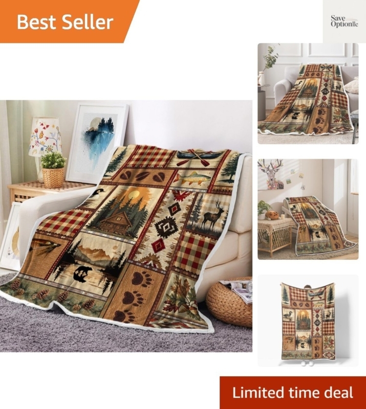 Wildlife Patchwork Fleece Throw Red Plaid Accents Rustic Cabin
