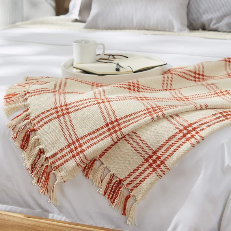 Windowpane Plaid Throw Blanket, Red Fringe