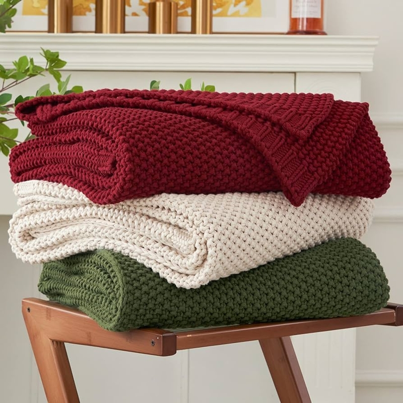 Wine Red Oversized Cable Knit Throw Blanket
