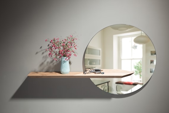 Wood Toned Floating Shelf and Frameless Mirror Set