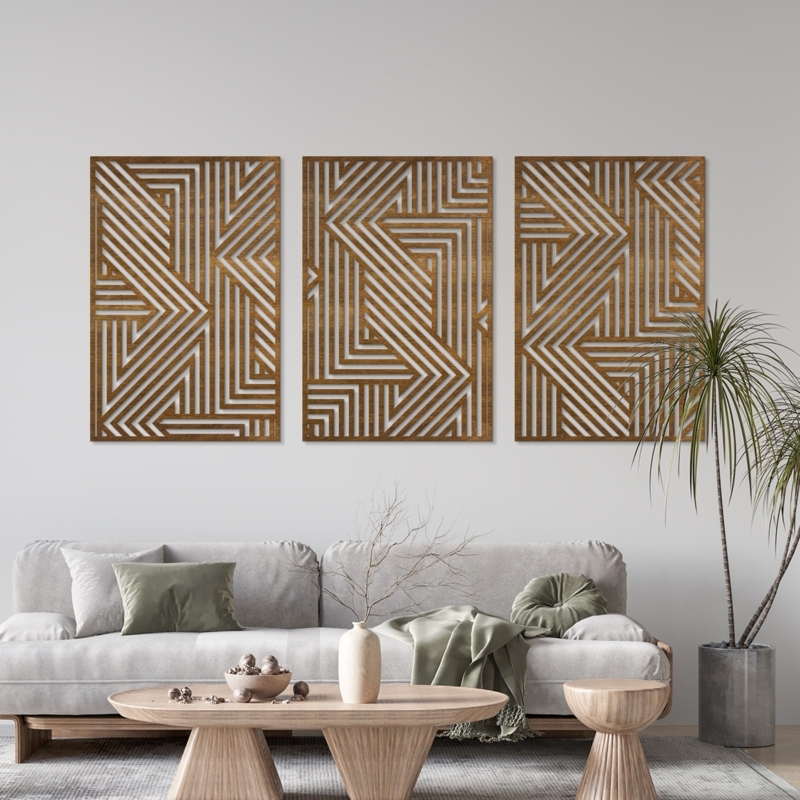 Wood Wall Art Set: Rustic Triptych with Concentric Circle Cutouts