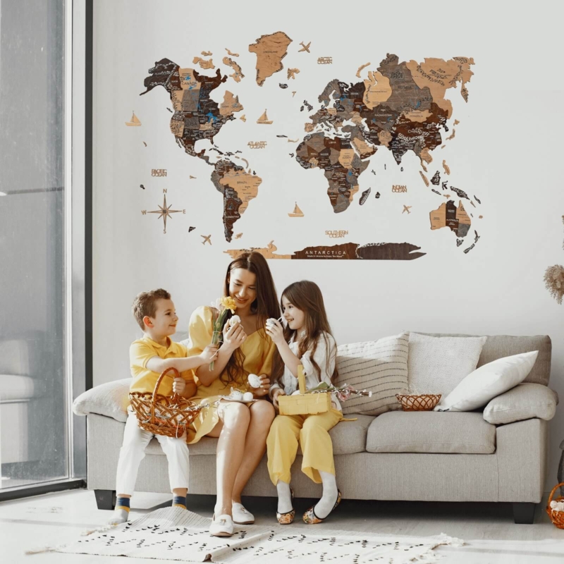 Wooden Wall Art, 3D World Map Mural, Multi-Toned Wood Decor
