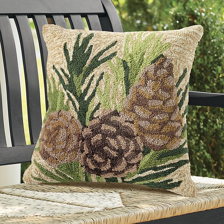 Woodland Theme Throw Pillow Pinecone Motif Piped Edges