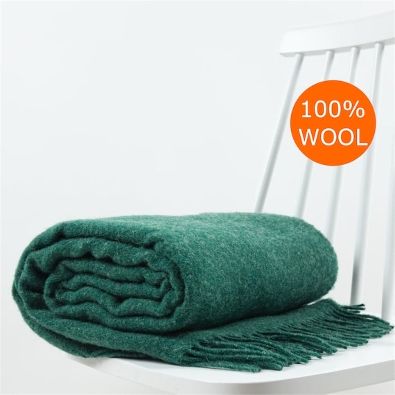 Wool Like Throw Blanket Emerald Green Fringed Edges Tasseled Trim