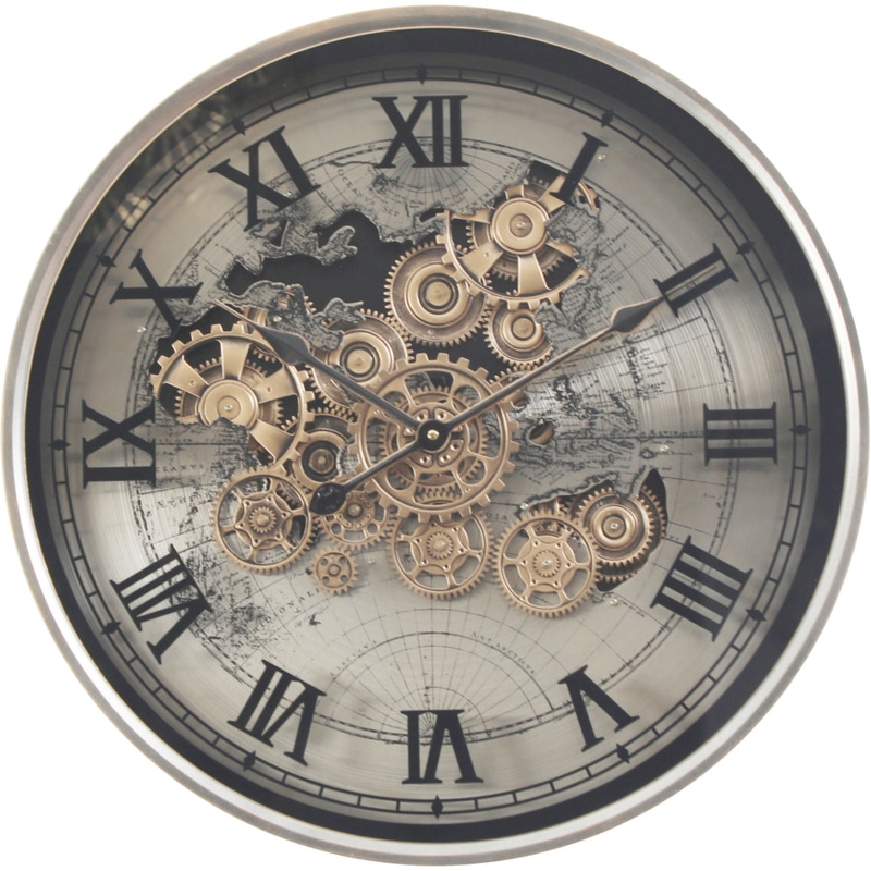 World Map Metal Wall Clock Silver Laser Cut Moving Gears