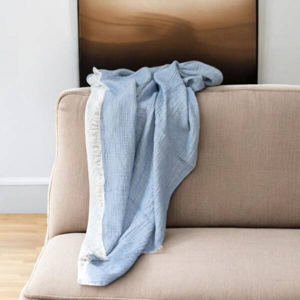 Woven Cotton Like Throw Blanket Navy Blue Fringed Edges Cozy
