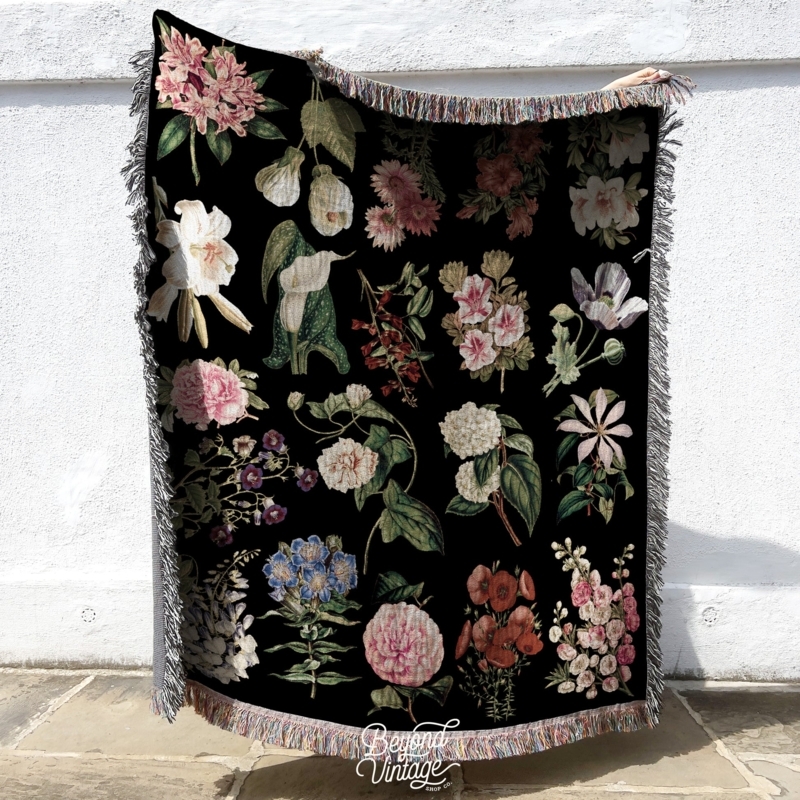 Woven Floral Throw Blanket, Maximalist Fringed Tassel Edges
