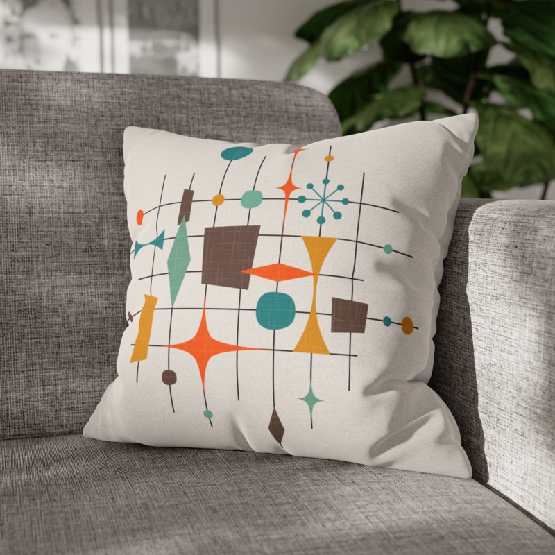 Woven Mid Century Geometric Pillow in Navy, Orange, and Mustard tones