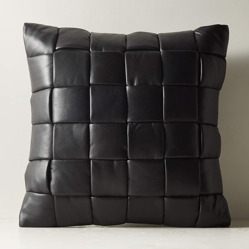 Woven Pillow: Matte Black Faux Leather, Basketweave Pattern, Minimalist