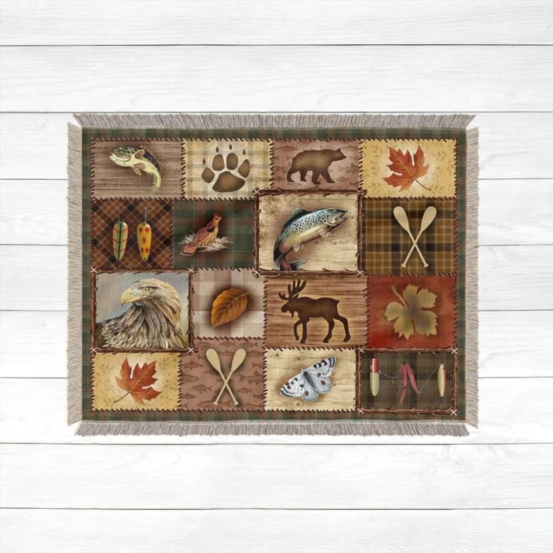 Woven Tapestry Throw Blanket Fringed Nature Patch Forest Green Rustic