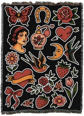 Woven Tapestry Throw Blanket with Tattoo Flash Art and Multicolor Fringe
