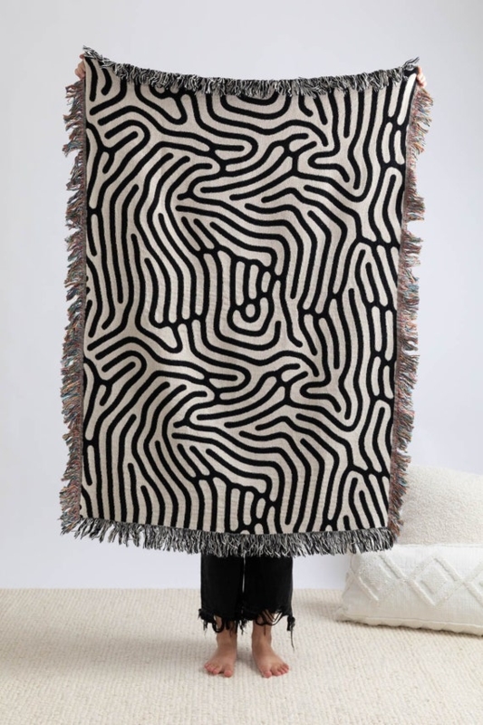 Woven Throw Blanket Abstract Face Motif Tapestry Black White Throw