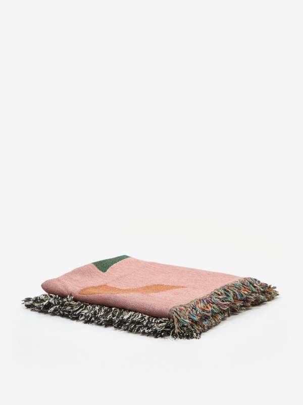 Woven Throw Blanket Abstract Faces Pattern Multicolored Fringe Pink
