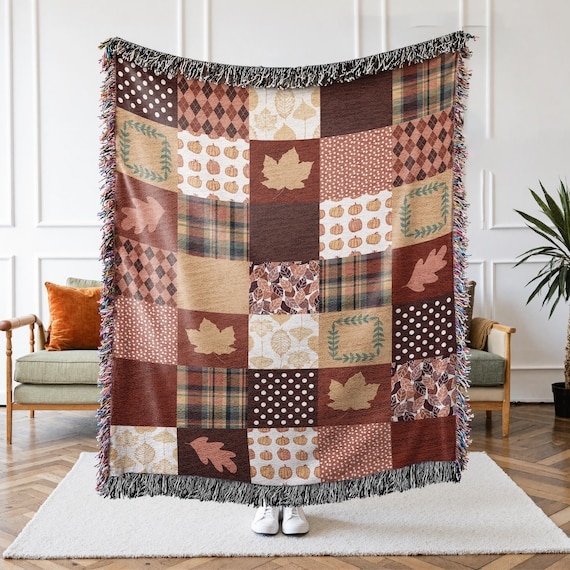 Woven Throw Blanket Autumn Plaid with Maple Leaf Motif and Fringe