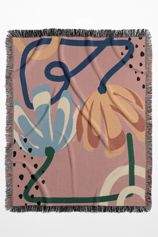 Woven Throw Blanket Botanical Print Fringed Pink Orange Pink Botanical