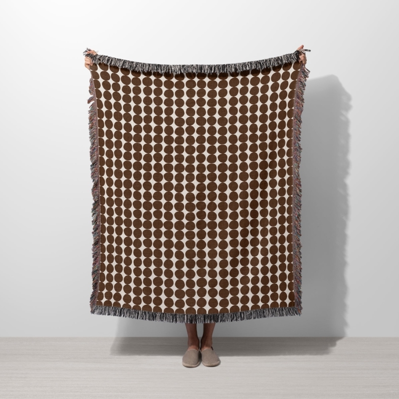 Woven Throw Blanket Chocolate Brown Polka Dot Fringed Mid Century