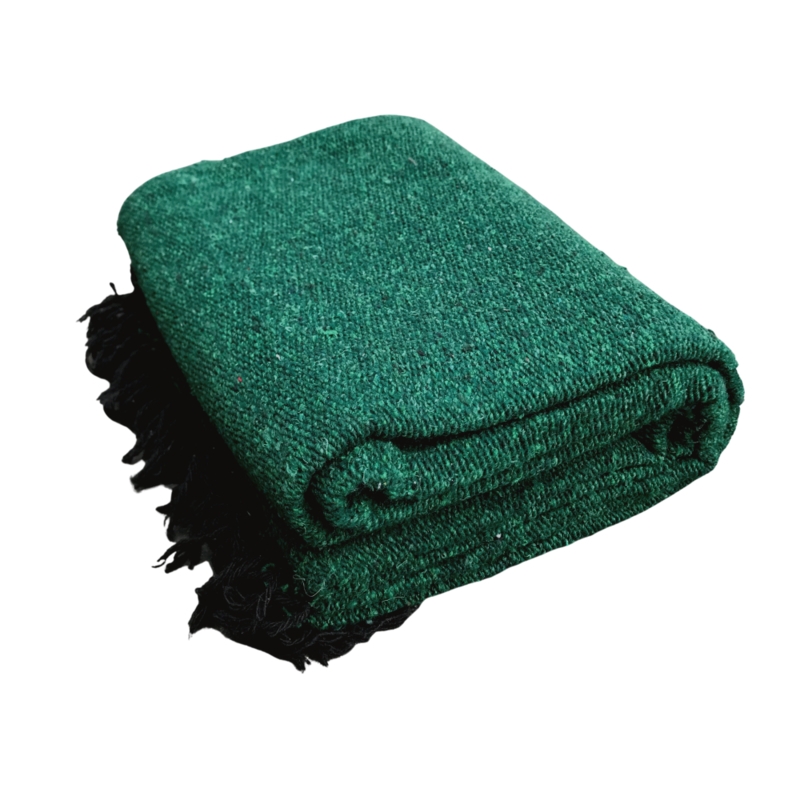 Woven Throw Blanket Dark Green Mexican Style White Fringed Tassels