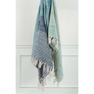 Woven Throw Blanket Fringed Tassels Blue Green Stripes, Coastal Style