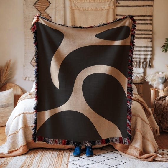 Woven Throw Blanket High Contrast Weave Black Beige Geometric Throw