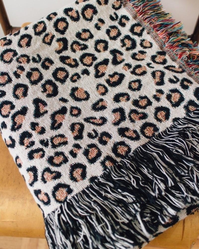 Woven Throw Blanket in Cotton Leopard Print with Fringe