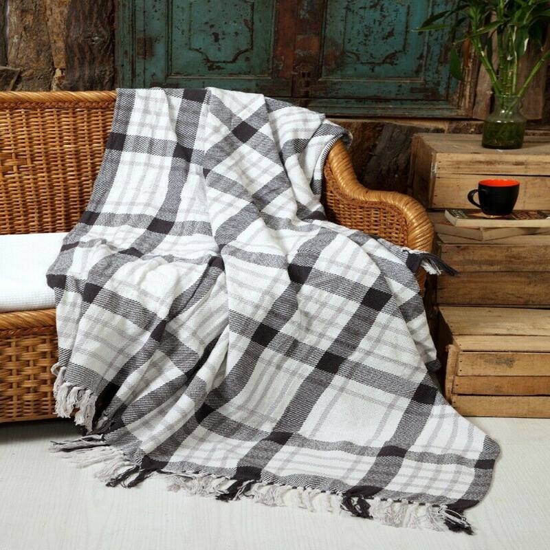 Woven Throw Blanket Navy Blue Cotton Stone Wash Fringed Edges