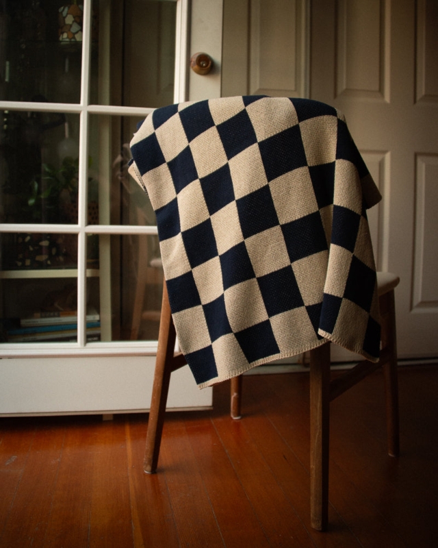 Woven Throw Blanket, Navy Checkered Large Block Pattern, Heavy Knit
