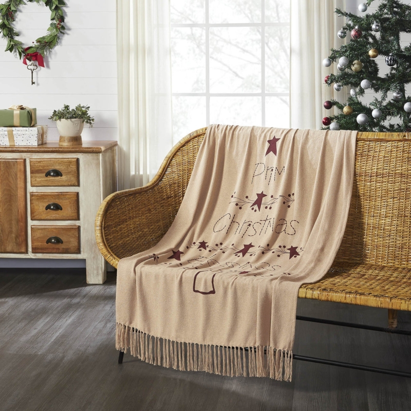 Woven Throw Blanket Primitive Star Design Christmas Blessings Rustic