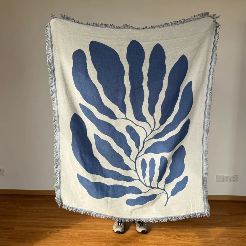 Woven Throw Blanket Reversible Fringed Navy Terracotta Cotton Throw