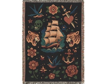 Woven Throw Blanket with Graphic Americana Tattoo Flash Art