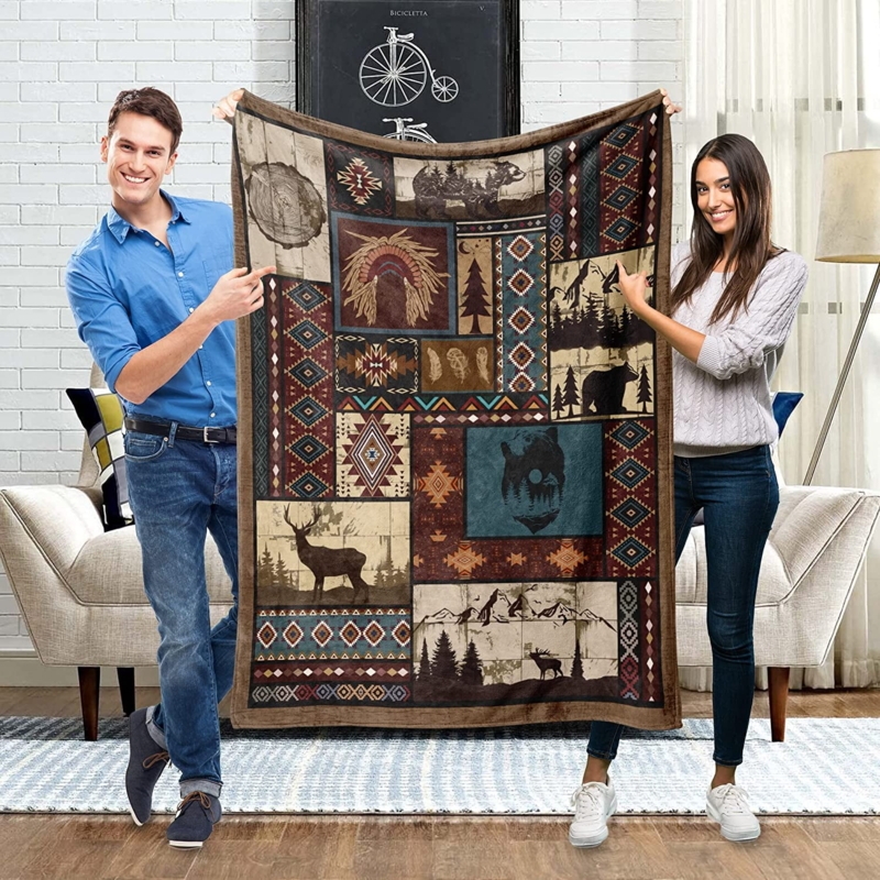 Woven Throw Blanket with Southwestern Animal Motifs and Knotted Fringe