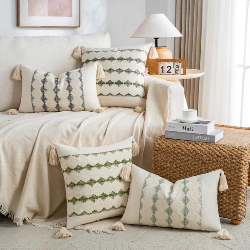 Woven Throw Pillow Covers with Button Accents in Neutral Grey