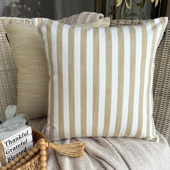 Woven Throw Pillow with Bold Ochre and Cream Stripes