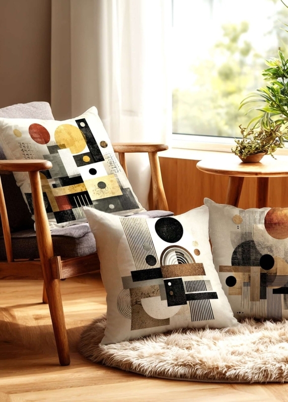 Woven Throw Pillow with Geometric Color Block in Black and Tan Tones