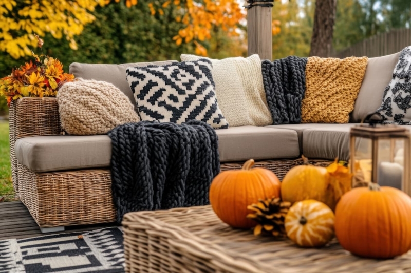 Woven Wicker Sectional Sofa with Chunky Knit Accents for Cozy Fall Patio