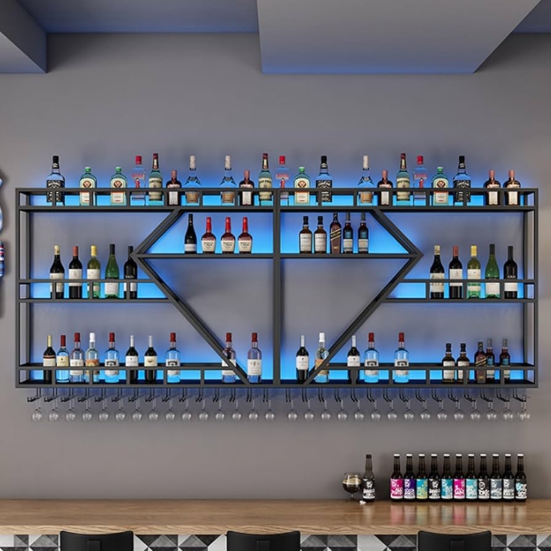 3-Tier Bar Shelf, Integrated LED Lighting, Industrial Black Metal & Wood