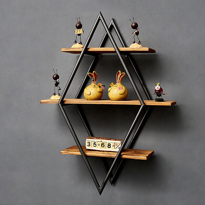 3-Tier Industrial Geometry Heavy Duty Hanging Wall Mounted Shelf - Brown+Black