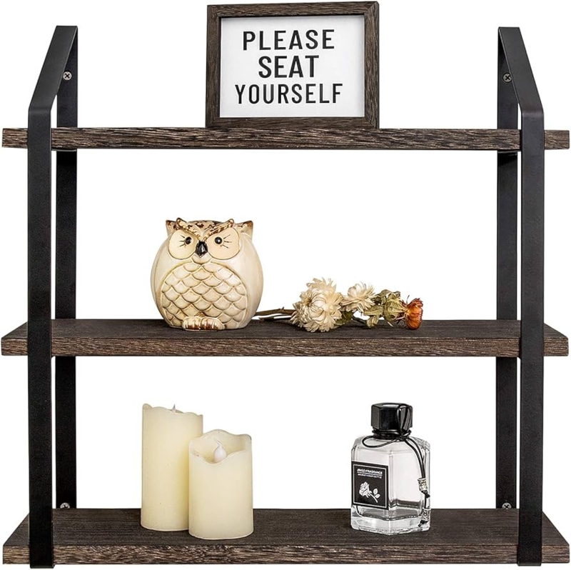 3 Tier Wall Shelf Industrial Metal Frame Rustic Wood
