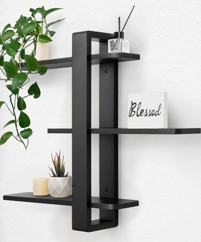 3-Tier Wall Shelves with Wood Grain and Metal Frame