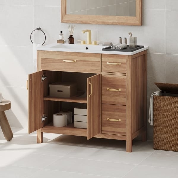 36 Inch Slate Blue Vanity, Asymmetrical Drawers, Transitional Style